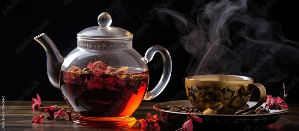 Elegant glass teapot with floral black tea steaming alongside an ornate cup on a dark backdrop, inviting a cozy home tea experience. Elegant glass teapot with floral black tea steaming alongside an ornate cup on a dark backdrop, inviting a cozy home tea experience.