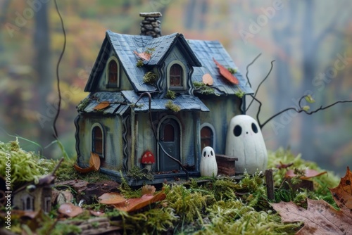 Abandoned miniature house with two friendly ghosts standing guard creates a whimsical and spooky halloween scene in a misty forest photo