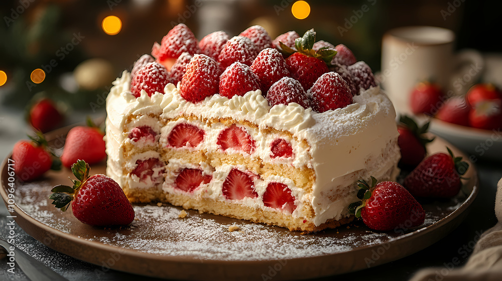 Strawberry cream roulade on a cake plate, fresh strawberries and whipped cream around, cheerful christmas kitchen vibe Strawberry cream roulade on a cake plate, fresh strawberries and whipped cream around, cheerful christmas kitchen vibe