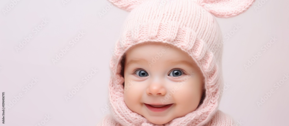 Adorable baby girl in a knitted rabbit hat smiling brightly against a plain white background capturing innocence and joy in childhood. Adorable baby girl in a knitted rabbit hat smiling brightly against a plain white background capturing innocence and joy in childhood.