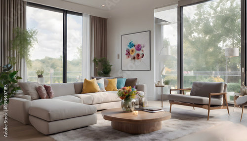 Modern living room interior with comfortable sofa, wooden table, and stylish decor