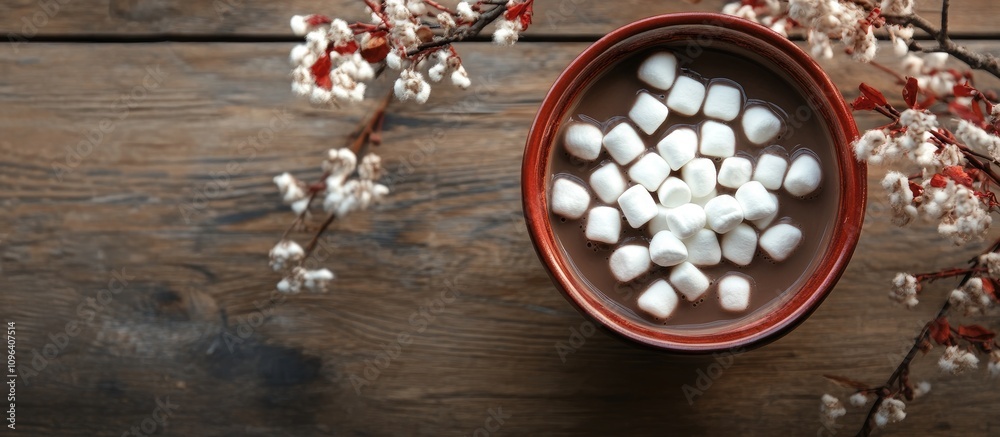 Cozy hot chocolate with marshmallows on a rustic wooden table surrounded by decorative elements and flowers Cozy hot chocolate with marshmallows on a rustic wooden table surrounded by decorative elements and flowers