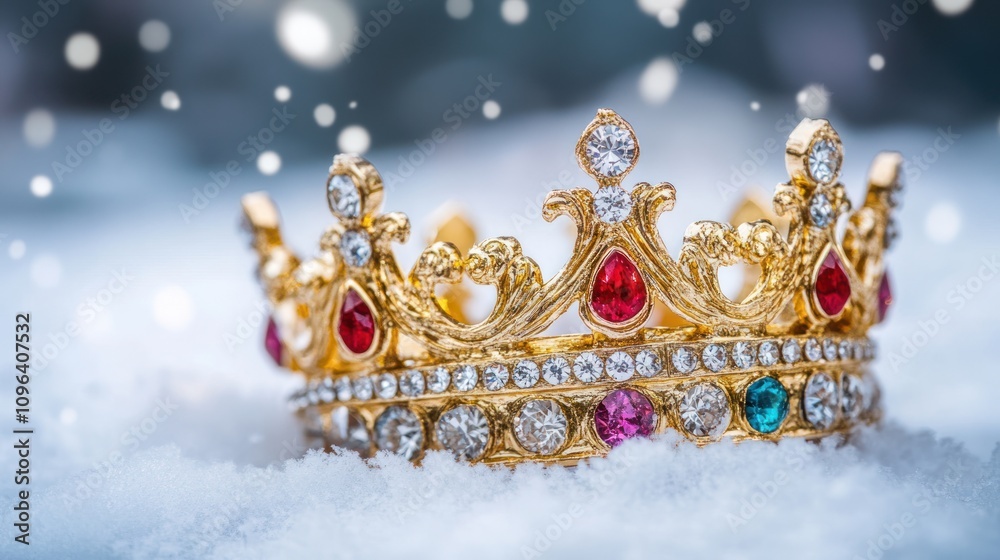 Fototapeta premium A golden crown adorned with jewels resting on a snowy surface, evoking royalty and elegance.