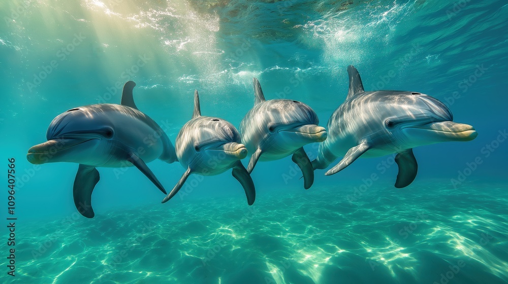 Naklejka premium Four bottlenose dolphins swimming underwater in crystal clear turquoise ocean water. Pod of marine mammals in natural habitat showing synchronized swimming behavior near sandy seabed. 8k