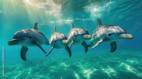 Four bottlenose dolphins swimming underwater in crystal clear turquoise ocean water. Pod of marine mammals in natural habitat showing synchronized swimming behavior near sandy seabed. 8k photo