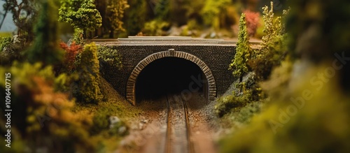 Handcrafted antique railroad tunnel surrounded by vibrant nature and intricate greenery in a scenic miniature landscape