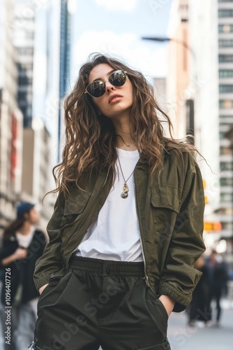 Stylish woman, city backdrop, sunglasses, green jacket.