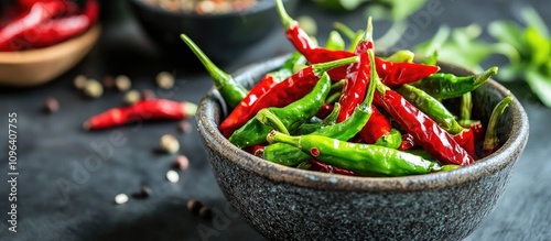 Homemade Chili Pickle Fresh Red and Green Chilies in Rustic Bowl with Peppercorns and Herbs on Dark Background