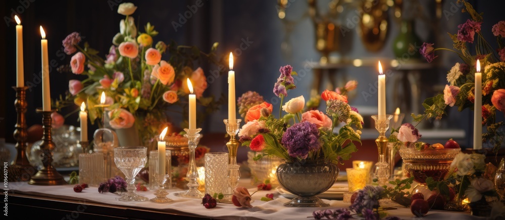 Festive table setting adorned with burning candles, elegant candlesticks, and vibrant floral arrangements creating a warm ambiance. Festive table setting adorned with burning candles, elegant candlesticks, and vibrant floral arrangements creating a warm ambiance.