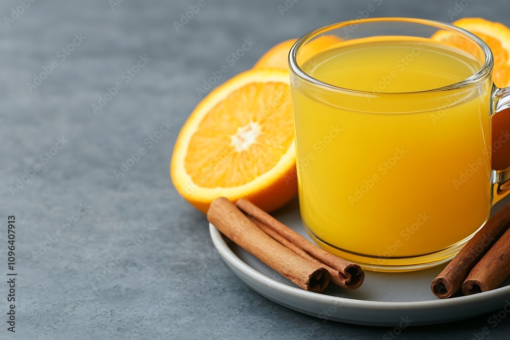 Fototapeta premium A glass of orange juice sits on a plate alongside fresh orange slices and cinnamon sticks, creating a vibrant and warm beverage presentation.