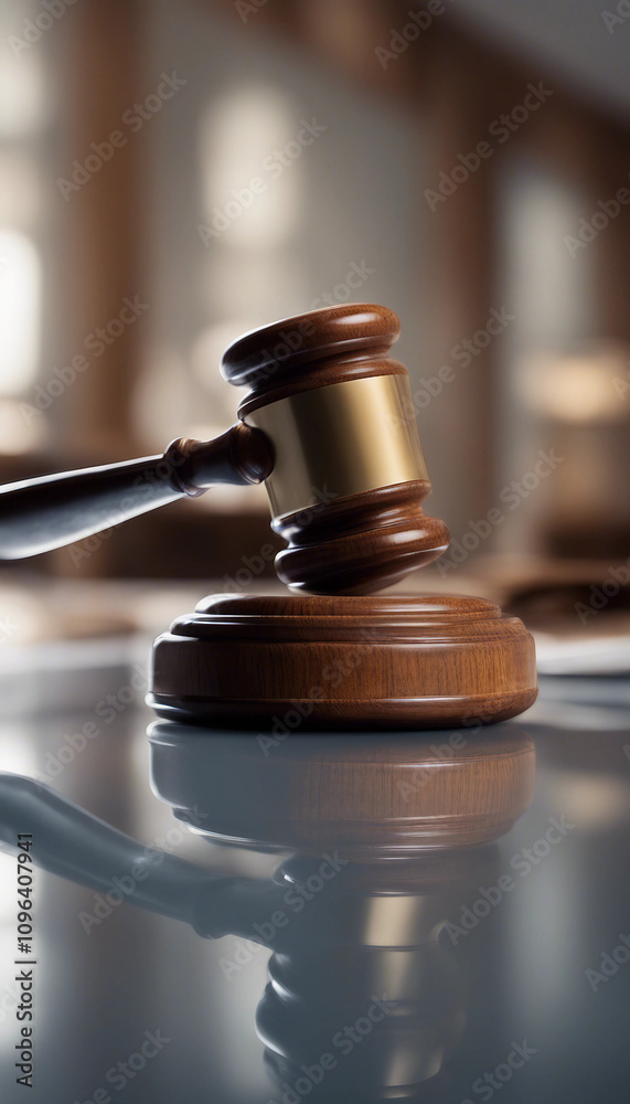 Vertical close-up of a wooden judge gavel on a reflective surface side view symbolizing judicial aut Vertical close-up of a wooden judge gavel on a reflective surface side view symbolizing judicial aut
