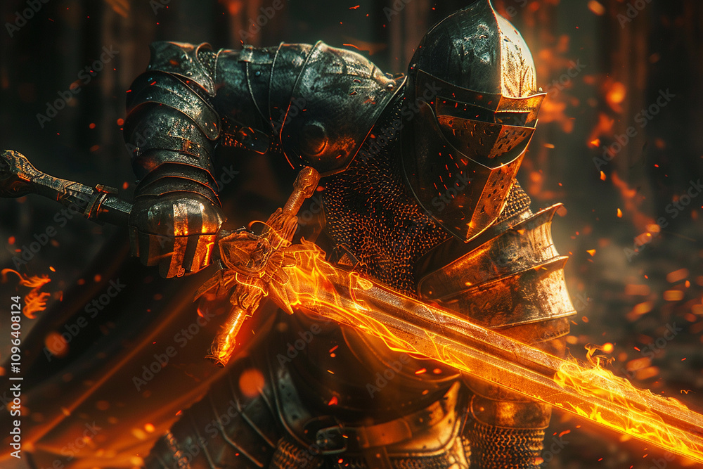 Fantastic royal knight in iron armor guards castle chambers Fantastic royal knight in iron armor guards castle chambers