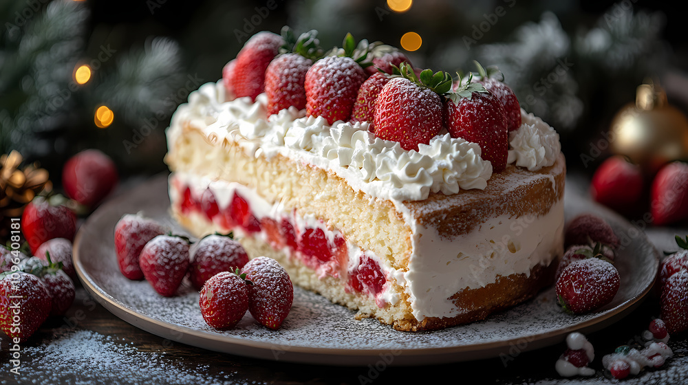 Strawberry cream roulade on a cake plate, fresh strawberries and whipped cream around, cheerful christmas kitchen vibe Strawberry cream roulade on a cake plate, fresh strawberries and whipped cream around, cheerful christmas kitchen vibe