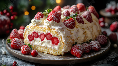 Strawberry cream roulade on a cake plate, fresh strawberries and whipped cream around, cheerful christmas kitchen vibe