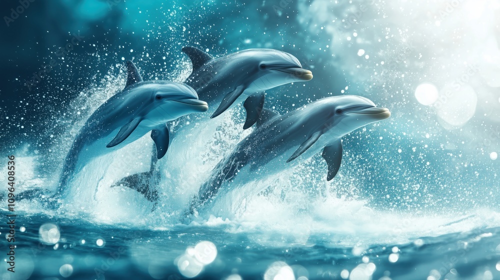 Fototapeta premium Three dolphins leaping out of ocean with dramatic water splash effects. Dynamic action shot of marine mammals jumping in synchronization against turquoise water backdrop. 8k