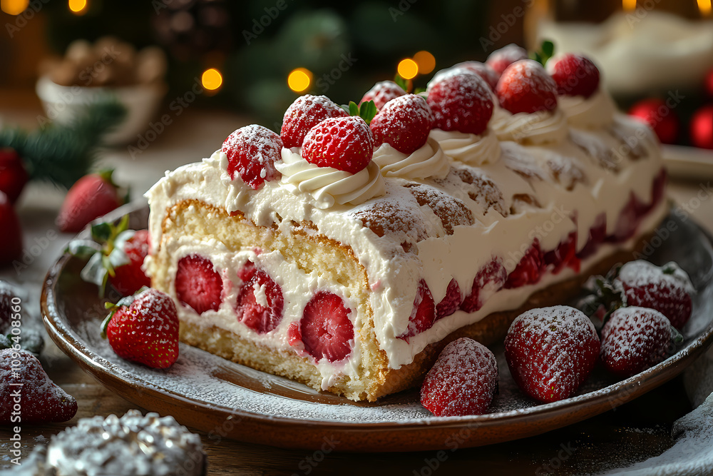 Strawberry cream roulade on a cake plate, fresh strawberries and whipped cream around, cheerful christmas kitchen vibe