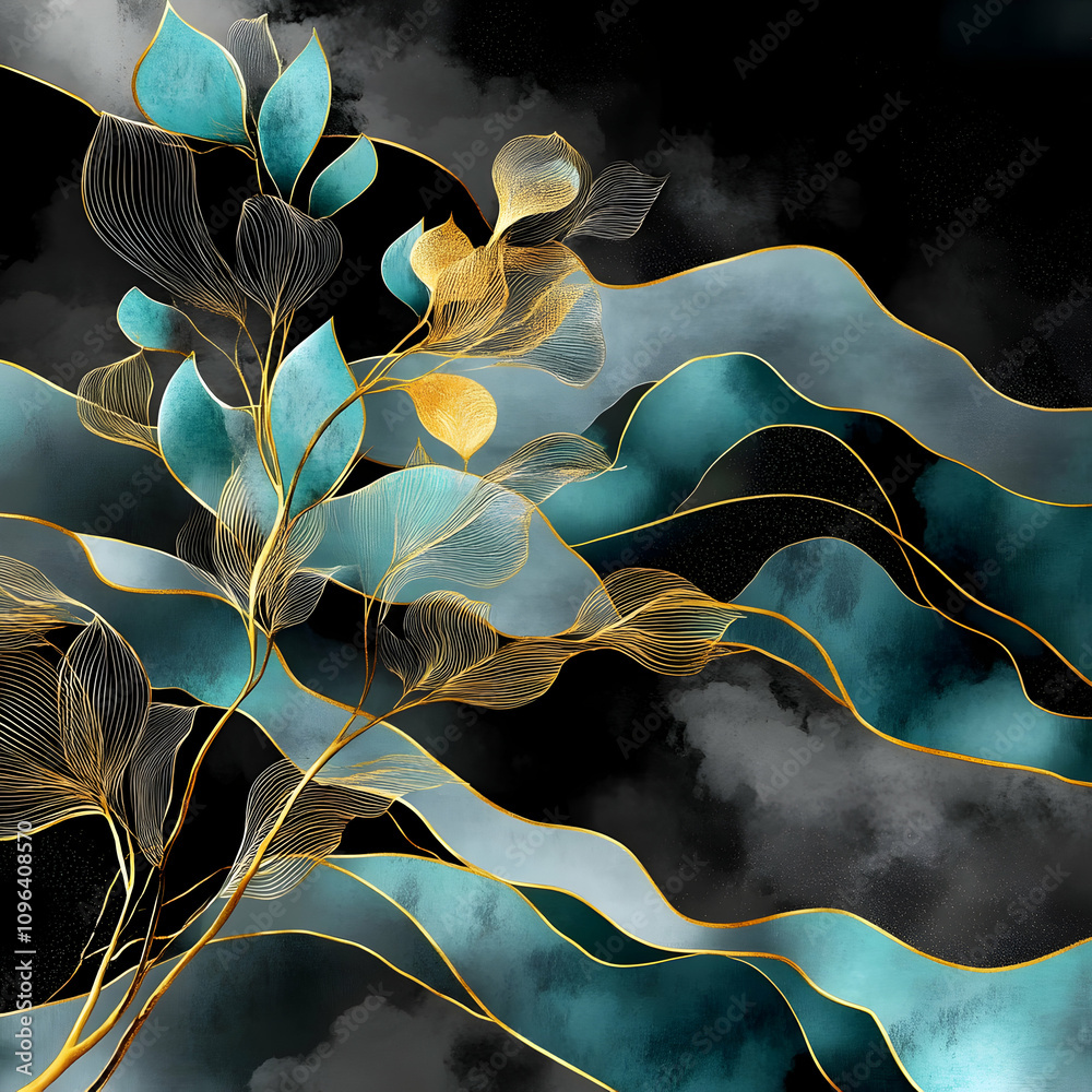 Obraz premium Abstract Teal & Gold Botanical Illustration
