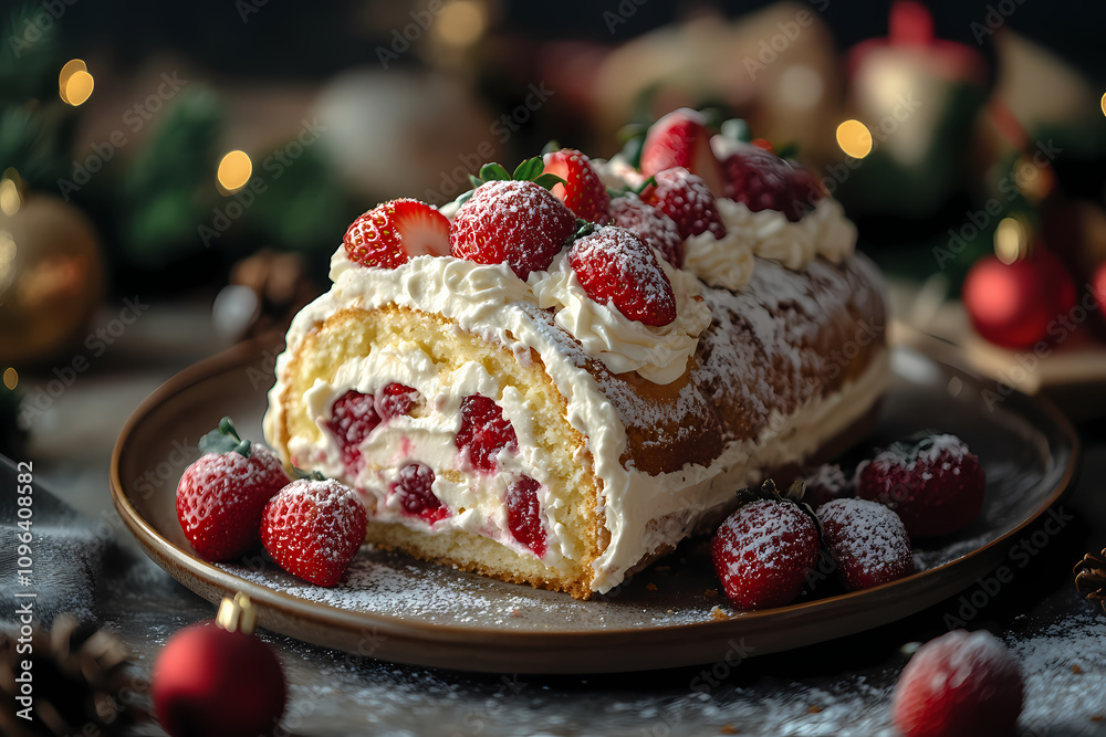 Strawberry cream roulade on a cake plate, fresh strawberries and whipped cream around, cheerful christmas kitchen vibe Strawberry cream roulade on a cake plate, fresh strawberries and whipped cream around, cheerful christmas kitchen vibe