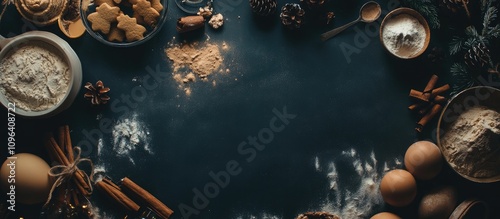 Rustic Christmas Baking Scene with Ingredients for Gingerbread Cookies Aerial View Dark Background Recipe Preparation Space Ideal for Holiday Themes photo