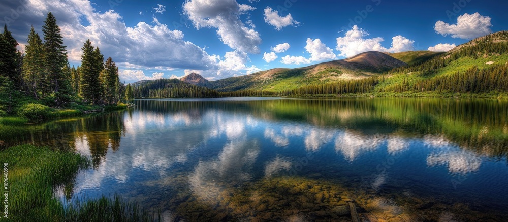 Fototapeta premium Serene lake landscape reflecting clouds and mountains surrounded by lush greenery and tall trees under a clear blue sky.