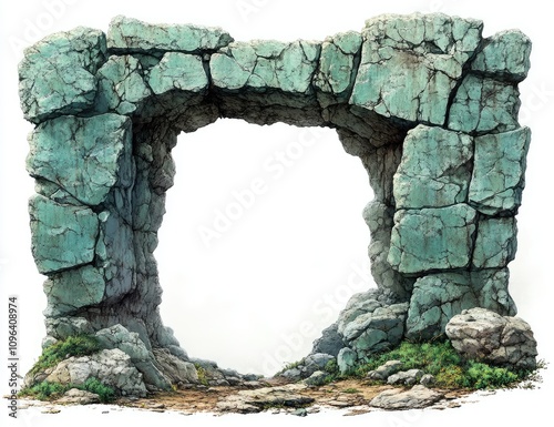 Ancient stone archway ruins natural landscape digital artwork serene environment wide-angle view time travel concept photo