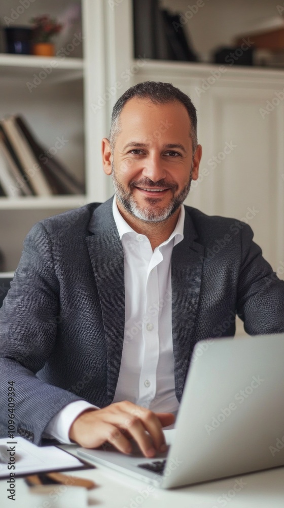A man in a suit is sitting at a desk with a laptop in front of him A man in a suit is sitting at a desk with a laptop in front of him