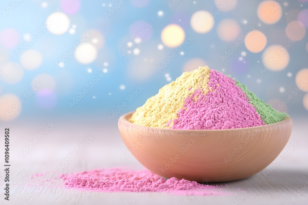 Colorful bowl of Holi powder, Holi festival in India, clip art on blur background Colorful bowl of Holi powder, Holi festival in India, clip art on blur background