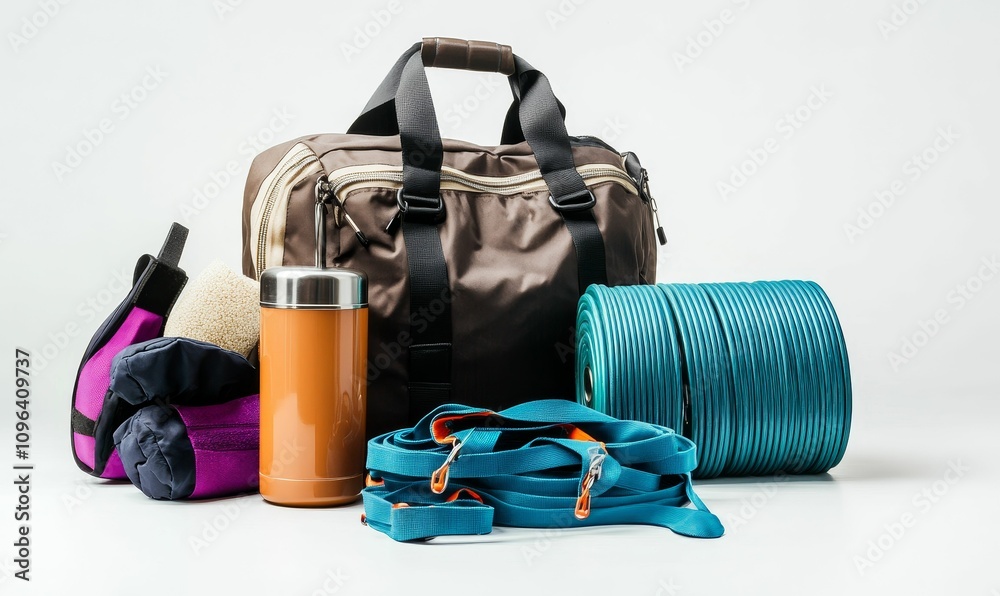 Gym bag, water bottle, weights, resistance bands. Gym bag, water bottle, weights, resistance bands.