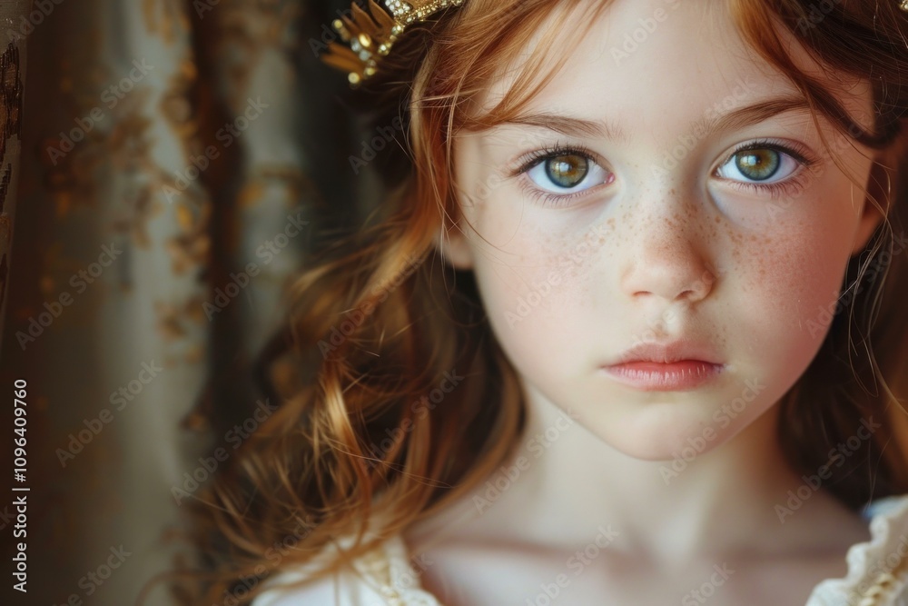 Close up portrait of a charming redhead girl wearing a golden crown, evoking a sense of royal elegance and timeless beauty Close up portrait of a charming redhead girl wearing a golden crown, evoking a sense of royal elegance and timeless beauty