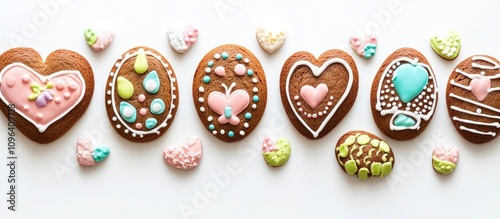 Easter themed gingerbread cookies decorated with colorful icing on a clean white background for festive celebrations and culinary creativity