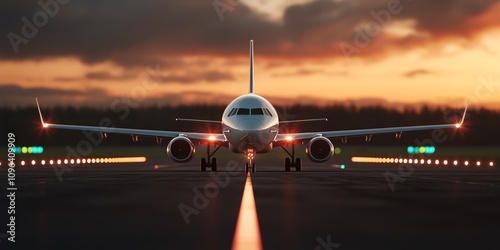 Airplane takeoff clearance at airport runway during sunset aerial view aviation conceptual scene photo