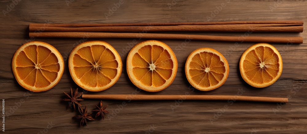 Dried orange slices and cinnamon sticks arranged on rustic wooden surface showcasing natural textures and warm colors in vertical composition. Dried orange slices and cinnamon sticks arranged on rustic wooden surface showcasing natural textures and warm colors in vertical composition.