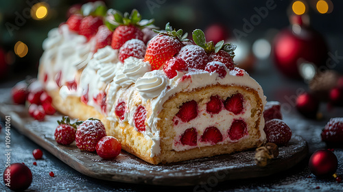 Strawberry cream roulade on a cake plate, fresh strawberries and whipped cream around, cheerful christmas kitchen vibe