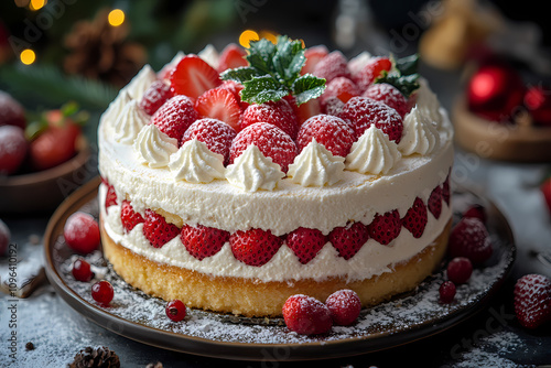 Wallpaper Mural Strawberry cream roulade on a cake plate, fresh strawberries and whipped cream around, cheerful christmas kitchen vibe Torontodigital.ca