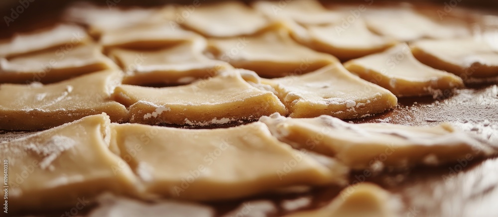 Festive cookie dough preparation with intricate cuts ready for baking in a cozy kitchen setting during the holiday season. Festive cookie dough preparation with intricate cuts ready for baking in a cozy kitchen setting during the holiday season.