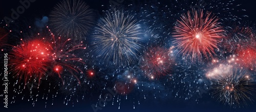 Colorful firework display illuminating the night sky showcasing vibrant red and white bursts against a deep blue background