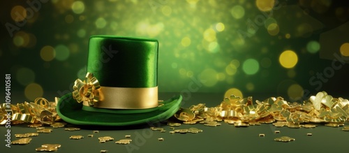 Festive Saint Patrick's Day background featuring a green leprechaun hat with gold accents and scattered coins ideal for promotional text. photo