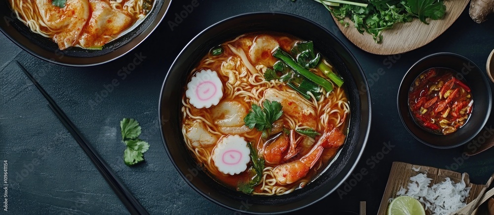 Delicious homemade ramen with Tom Yum flavor, shrimp, and vibrant mixed vegetables in a stylish black bowl. Delicious homemade ramen with Tom Yum flavor, shrimp, and vibrant mixed vegetables in a stylish black bowl.