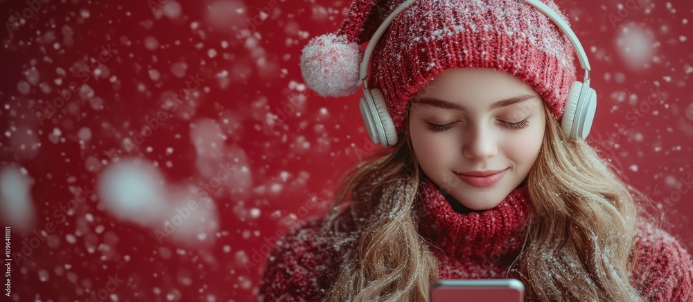 Young girl in festive Santa hat and headphones enjoying music with eyes closed against a red holiday backdrop capturing seasonal joy and relaxation Young girl in festive Santa hat and headphones enjoying music with eyes closed against a red holiday backdrop capturing seasonal joy and relaxation
