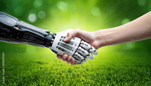 AI robot hand shaking hands with a human on a green background, symbolizing sustainability and innovation