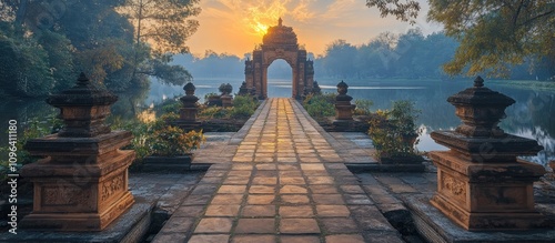 Sunrise over Phanomrung Historical Park with serene water reflection and ancient architecture in the foreground. Ideal for cultural travel themes. photo