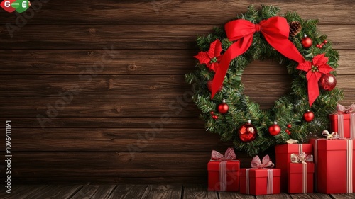A festive Christmas wreath adorned with red bows and ornaments, accompanied by neatly wrapped gifts, set against a rustic wooden background.