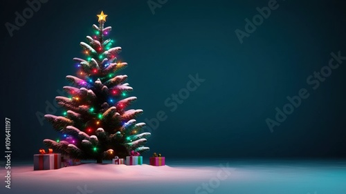A beautifully decorated Christmas tree with colorful lights and gifts beneath it, set against a dark blue background.