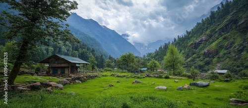 Serene landscape of Harsil showcasing lush greenery and majestic mountains near Dham under a dramatic cloudy sky. photo