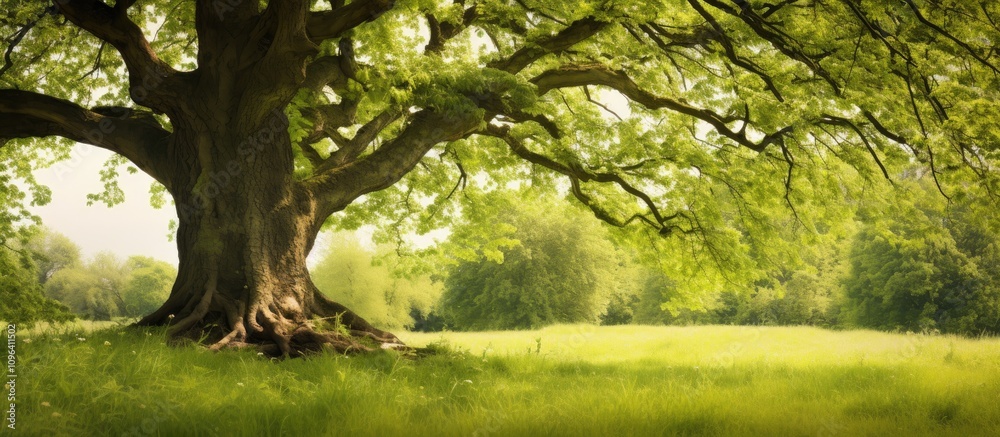 Majestic tree with lush green leaves in a vibrant spring meadow creating a serene natural landscape atmosphere Majestic tree with lush green leaves in a vibrant spring meadow creating a serene natural landscape atmosphere