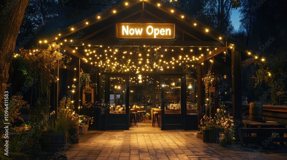 Charming Nighttime View of a Cozy Restaurant with Warm Fairy Lights and a Welcoming Sign Inviting Guests to Dine in Comfort and Style Charming Nighttime View of a Cozy Restaurant with Warm Fairy Lights and a Welcoming Sign Inviting Guests to Dine in Comfort and Style