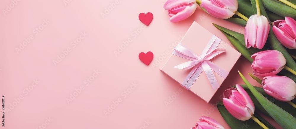 Mother's Day celebration with pink tulip flowers heart shapes and a gift box on a soft pink background flat lay arrangement Mother's Day celebration with pink tulip flowers heart shapes and a gift box on a soft pink background flat lay arrangement