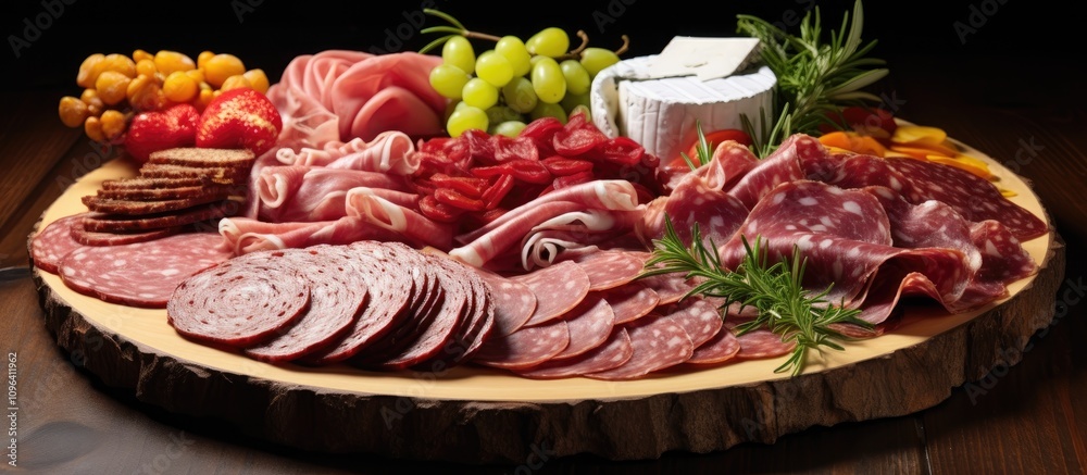 Gourmet charcuterie board featuring assorted cured meats cheeses and fresh greenery ideal for festive gatherings and culinary presentations Gourmet charcuterie board featuring assorted cured meats cheeses and fresh greenery ideal for festive gatherings and culinary presentations