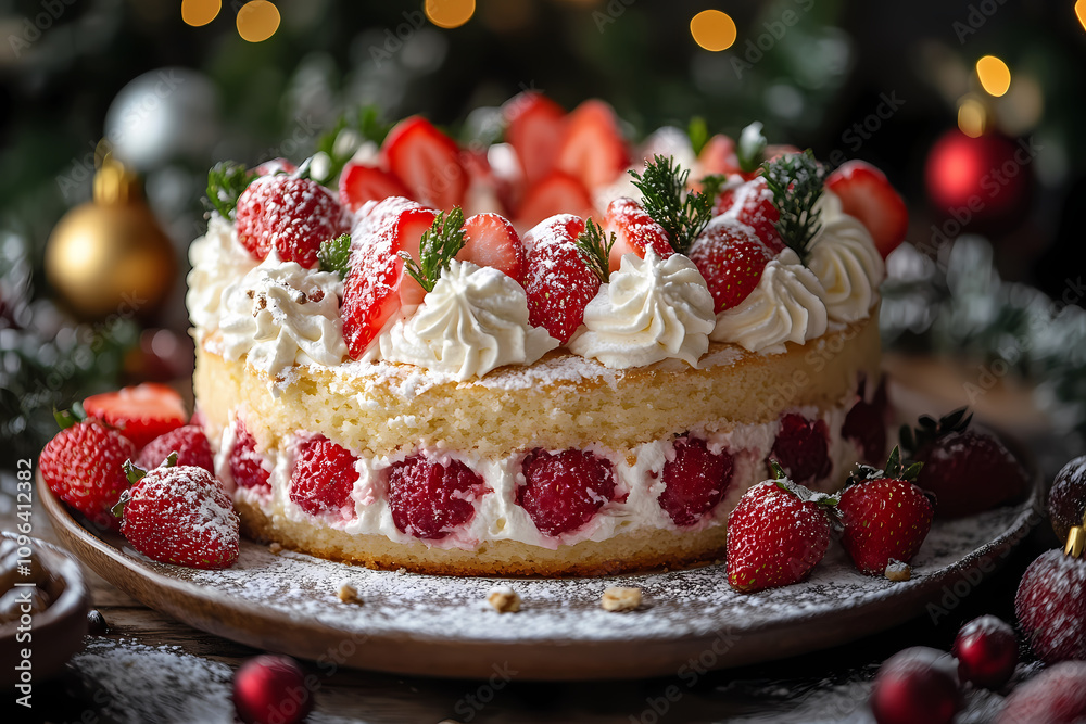 Strawberry cream roulade on a cake plate, fresh strawberries and whipped cream around, cheerful christmas kitchen vibe Strawberry cream roulade on a cake plate, fresh strawberries and whipped cream around, cheerful christmas kitchen vibe
