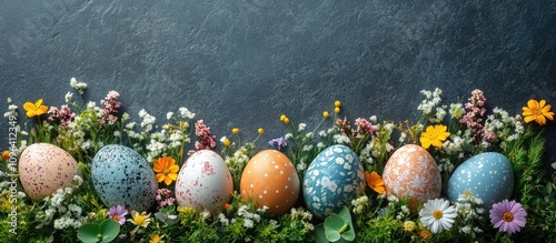 Easter backdrop with colorful eggs and vibrant spring flowers on a textured surface ideal for seasonal promotions and celebrations photo